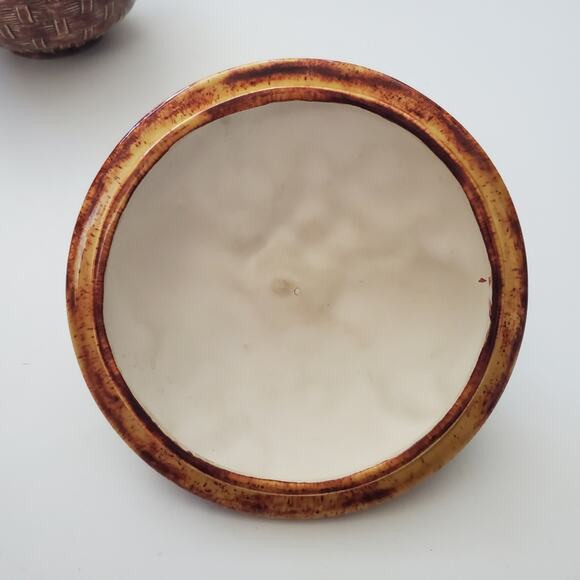 Vintage 70s Handcrafted Glazed Ceramic Basket Weave Bowl w/ 3D Fruit Flower Lid - Picture 7 of 10